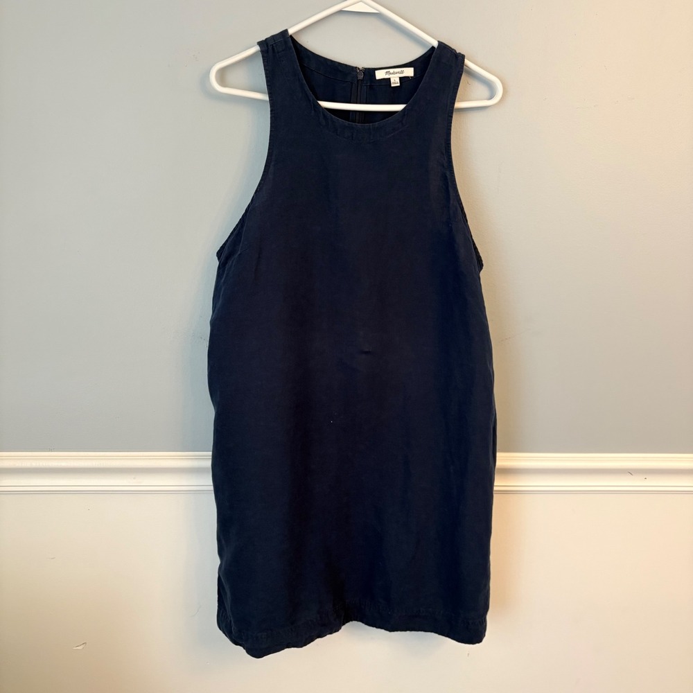 Madewell Navy Blue Linen Blend Sleeveless Shift Dress Pockets Clean Girl Size L